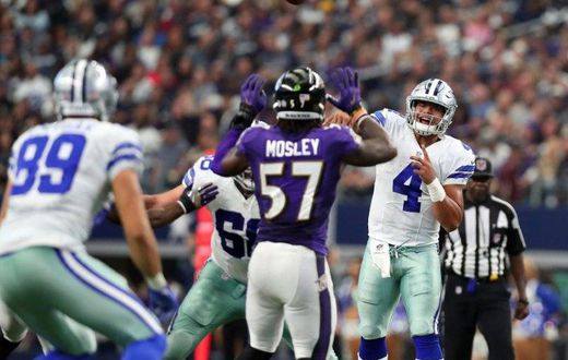 Dak Prescott throws a pass to Gavin Escobar of the Dallas Cowboys during the second half against the Baltimore Ravens on November 20, 2016 in Arlington, Texas