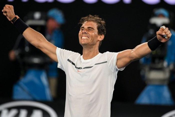 Spain's Rafael Nadal celebrates victory against Bulgaria's Grigor Dimitrov in the semi-finals of the Australian Open in Melbourne on January 27, 2017