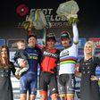 L-R: Belgian Jens Keukeleire of Orica Scott, Belgian Greg Van Avermaet of BMC Racing Team and Slovakian Peter Sagan of Bora-Hansgrohe celebrate on the podium on March 26, 2017 in Wevelgem after the Gent-Wevelgem one day cycling race