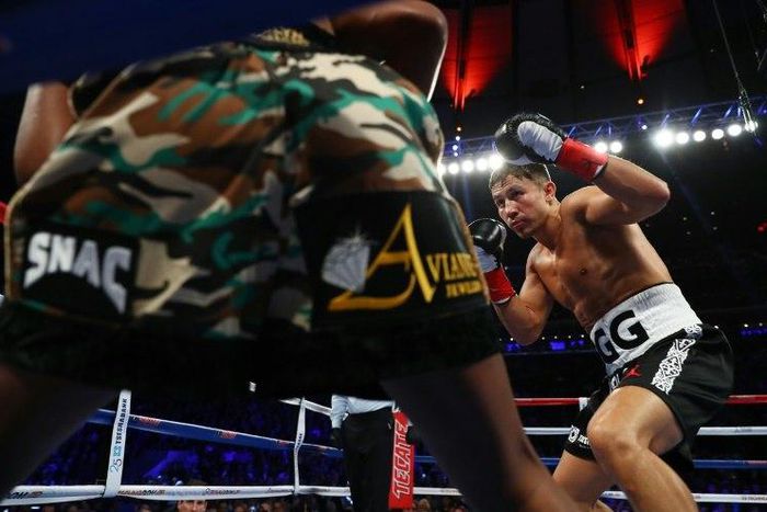 Gennady Golovkin knocks down Daniel Jacobs in the fourth round during their Championship fight for Golovkin's WBA/WBC/IBF middleweight title, at Madison Square Garden in New York, on March 18, 2017