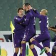 Fiorentina's Italian forward Federico Chiesa (L) celebrates with teammates after scoring during the Italian Serie A football match between Fiorentina and Juventus at Artemio Franchi Stadium in Florence on January 15, 2017