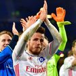 Hamburg players celebrate after the German First division Bundesliga football match between Hamburg SV and Hertha Berlin, on March 5, 2017