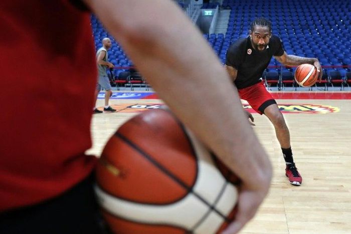 Former NBA All-Star Amar'e Stoudemire practises some dribbling during a basketball training session with his new club Hapoel Jerusalem on October 7, 2016