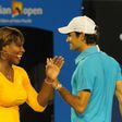 Serena Williams and Roger Federer take part in an exhibition tennis match in Melbourne in January 2010