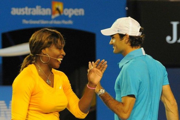 Serena Williams and Roger Federer take part in an exhibition tennis match in Melbourne in January 2010