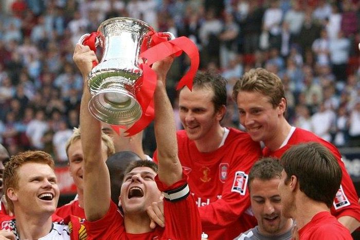 Steven Gerrard lifts the FA Cup after Liverpool beat West Ham 3-1 on penalties during the FA Cup final at the Millennium Stadium in Cardiff, on May 13, 2006