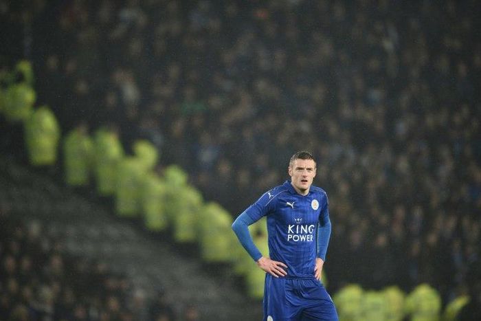 Leicester City's striker Jamie Vardy reacts during the English FA Cup football match between Derby County and Leicester City at Pride Park Stadium January 27, 2017