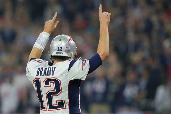 Tom Brady of the New England Patriots reacts after a touchdown late in the fourth quarter against the Atlanta Falcons during Super Bowl 51 at NRG Stadium on February 5, 2017 in Houston, Texas