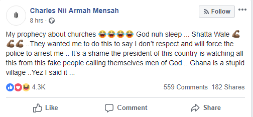 Shatta Wale's Facebook post