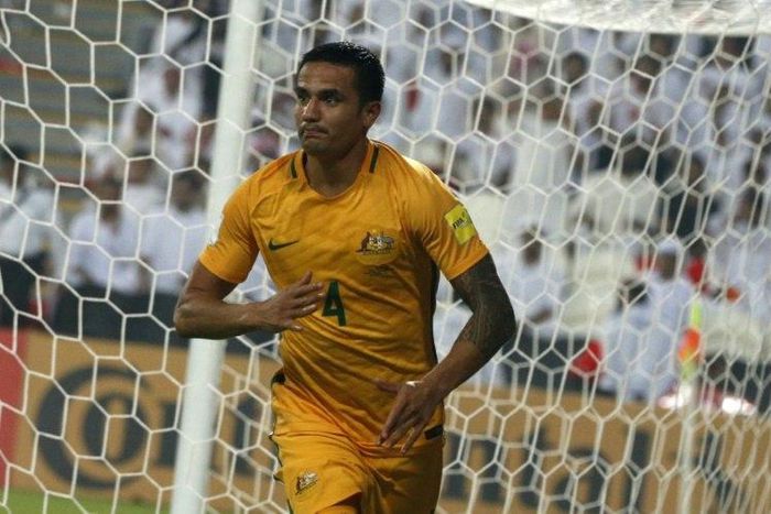 Australia's Tim Cahill celebrates after scoring a goal during their 2018 World Cup qualifying match against United Arab Emirates, at the Mohammed Bin Zayed Stadium in Abu Dhabi, on September 6, 2016