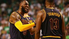 LeBron James reacts with Tristan Thompson of the Cleveland Cavaliers during Game One of their playoffs series against the Boston Celtics at the 2017 NBA Eastern Conference Finals on May 17, 2017 in Boston