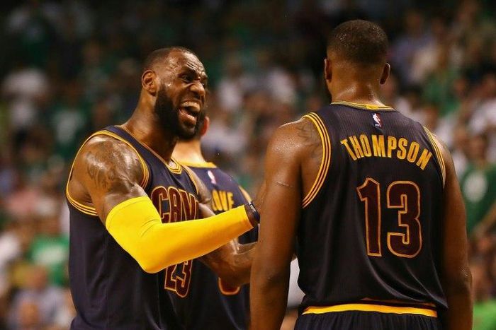 LeBron James reacts with Tristan Thompson of the Cleveland Cavaliers during Game One of their playoffs series against the Boston Celtics at the 2017 NBA Eastern Conference Finals on May 17, 2017 in Boston