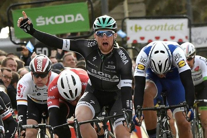 Ireland's Sam Bennett celebrates after winning the third stage of the 75th edition of the Paris-Nice between Chablis and Chalon-sur-Saone, on March 7, 2017