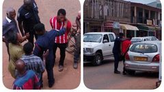 The young man [in red and white striped shirt]