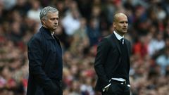 Manchester United's Jose Mourinho (left) and Manchester City's Pep Guardiola during the Premier League match between the two sides at Old Trafford on September 10, 2016