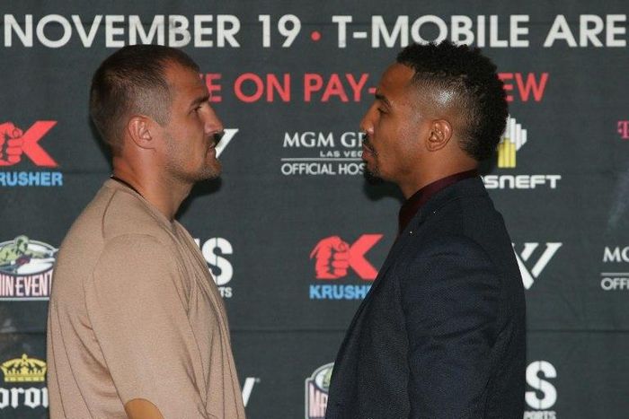 Sergey Kovalev (L) and Andre Ward (R) face off during the press conference for the Kovalev v Ward "Pound for Pound" bout at Le Parker Meridien on September 6, 2016 in New York City