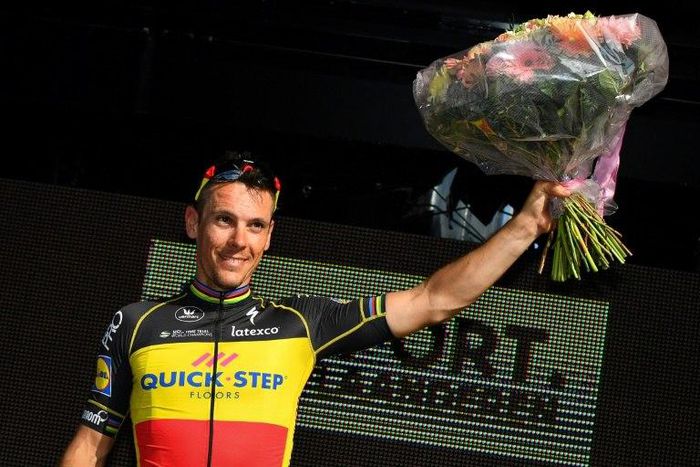 Belgian cyclist Philippe Gilbert of Quick-Step Floors celebrates on the podium after winning the first stage of the Driedaagse De Panne - Koksijde cycling race, 206,2 km from De Panne to Zottegem, on March 28, 2017
