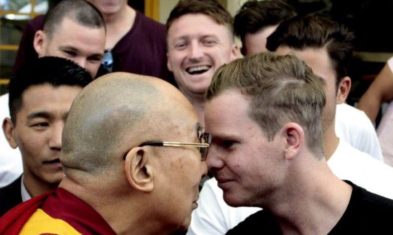 The Dalai Lama (left) greets Australian Test captain Steve Smith in Dharamsala, India, on March 24, 2017