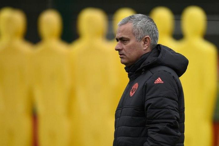 Manchester United's Jose Mourinho supervises a training session at their Carrington base in northwest England, on February 15, 2017