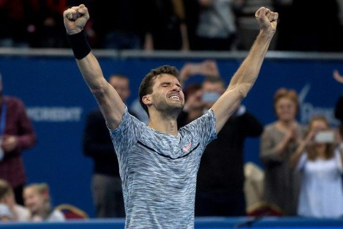 Bulgaria's Grigor Dimitrov reacts after beating Belgium's David Goffin in Sofia, on February 12, 2017