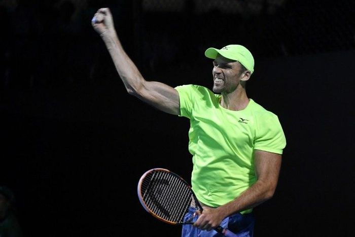 Ivo Karlovic celebrates after victory against Horacio Zeballos during their Australian Open men's singles match on January 17, 2017