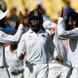 India's Ravindra Jadeja (right) celebrates the wicket of Australia's Pat Cummins on the third day of the fourth Test in Dharamsala on March 27, 2017