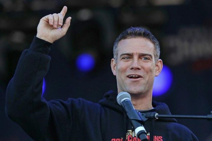 Theo Epstein of the Chicago Cubs speaks to the crowd during the Chicago Cubs victory celebration in Grant Park on November 4, 2016 in Chicago, Illinois