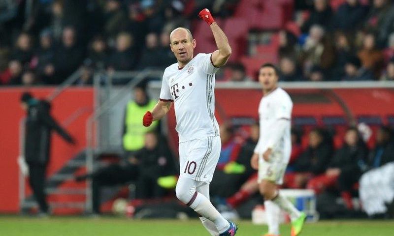 Bayern Munich's midfielder Arjen Robben reacts after his goal against Ingolstadt 04 on February 11, 2017