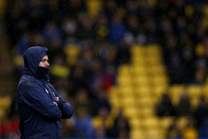Tottenham Hotspur's manager Mauricio Pochettino watches his players from the touchline during the English Premier League football match against Watford January 1, 2017