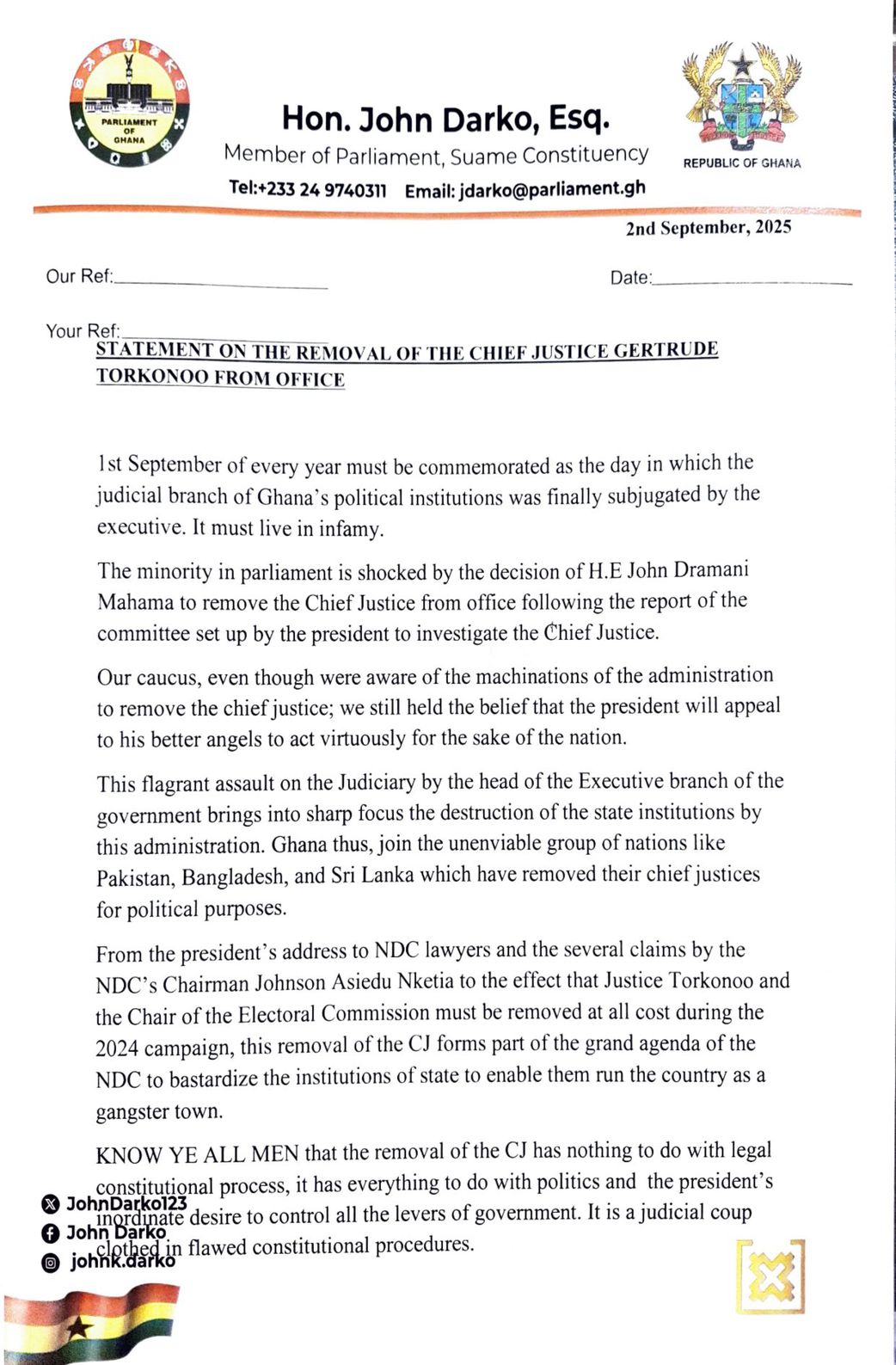 A statement dated 2 September, John Darko, Legal Counsel to the Minority Caucus