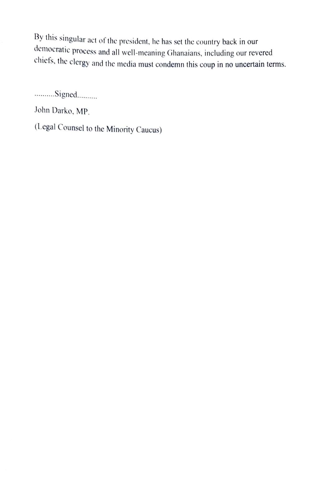 A statement dated 2 September, John Darko, Legal Counsel to the Minority Caucus