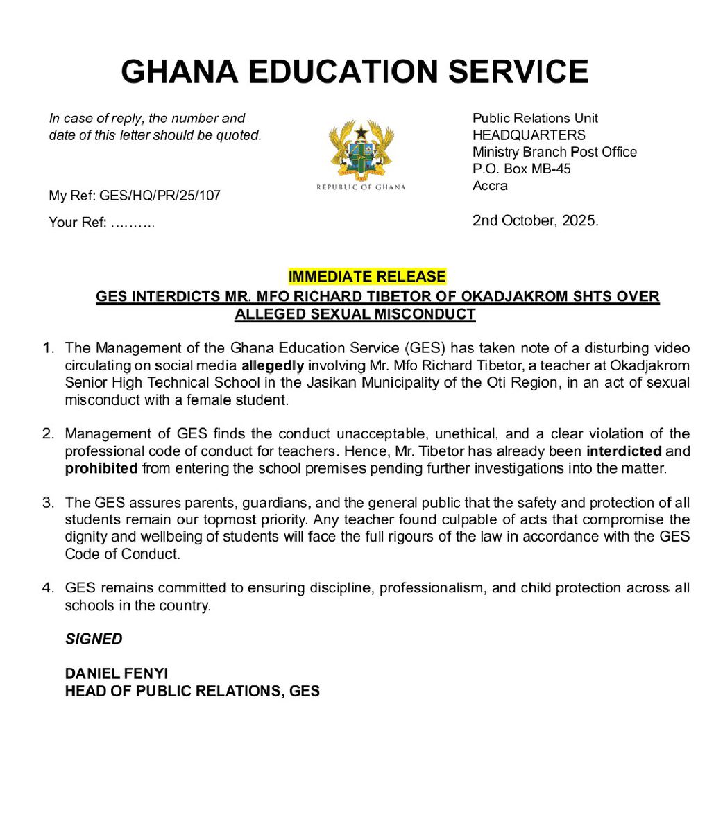 GES interdicts Okadjakrom SecTec teacher over viral sex tape with Female Student