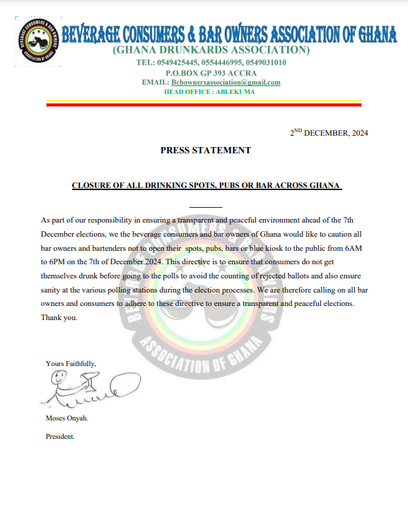 Ghana Drinking Bars Association instructs members to close shops on December 7, election day