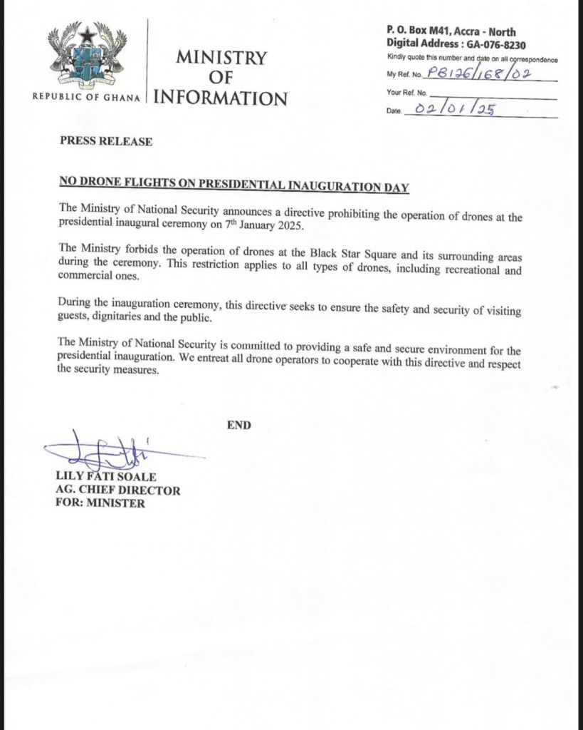 Drone flights banned during presidential inauguration – National security ministry