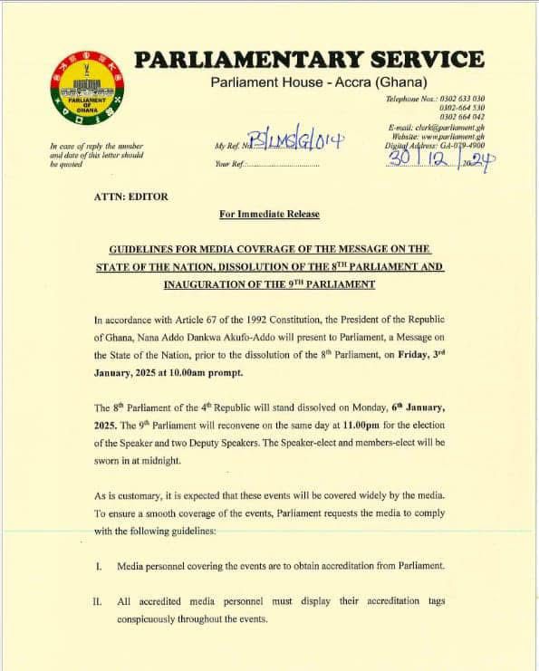 President Akufo-Addo to set to deliver final State of the Nation Address in Parliamentary today