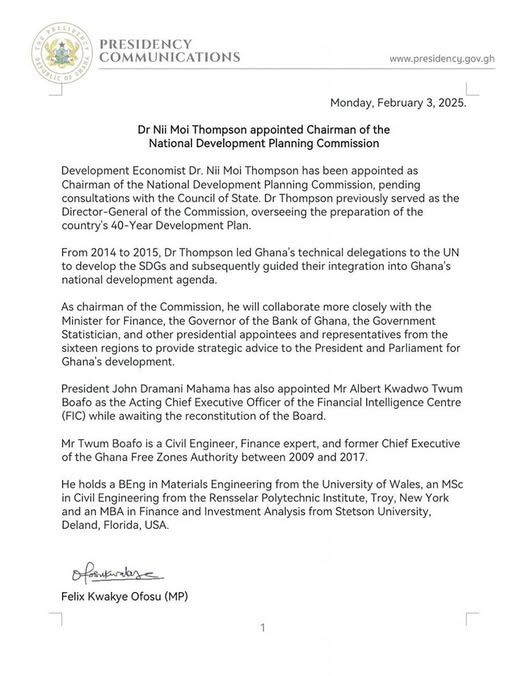 Dr Nii Moi Thompson named Chairman of National Development Planning Commission