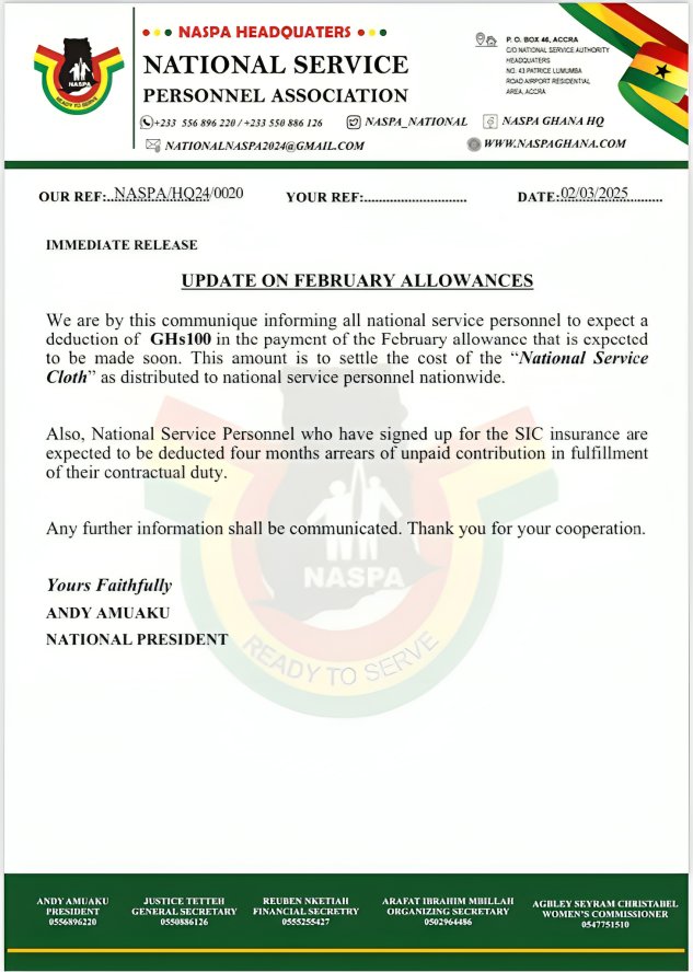 NASPA to deduct GH₵100 from February allowance for service cloth—Full details