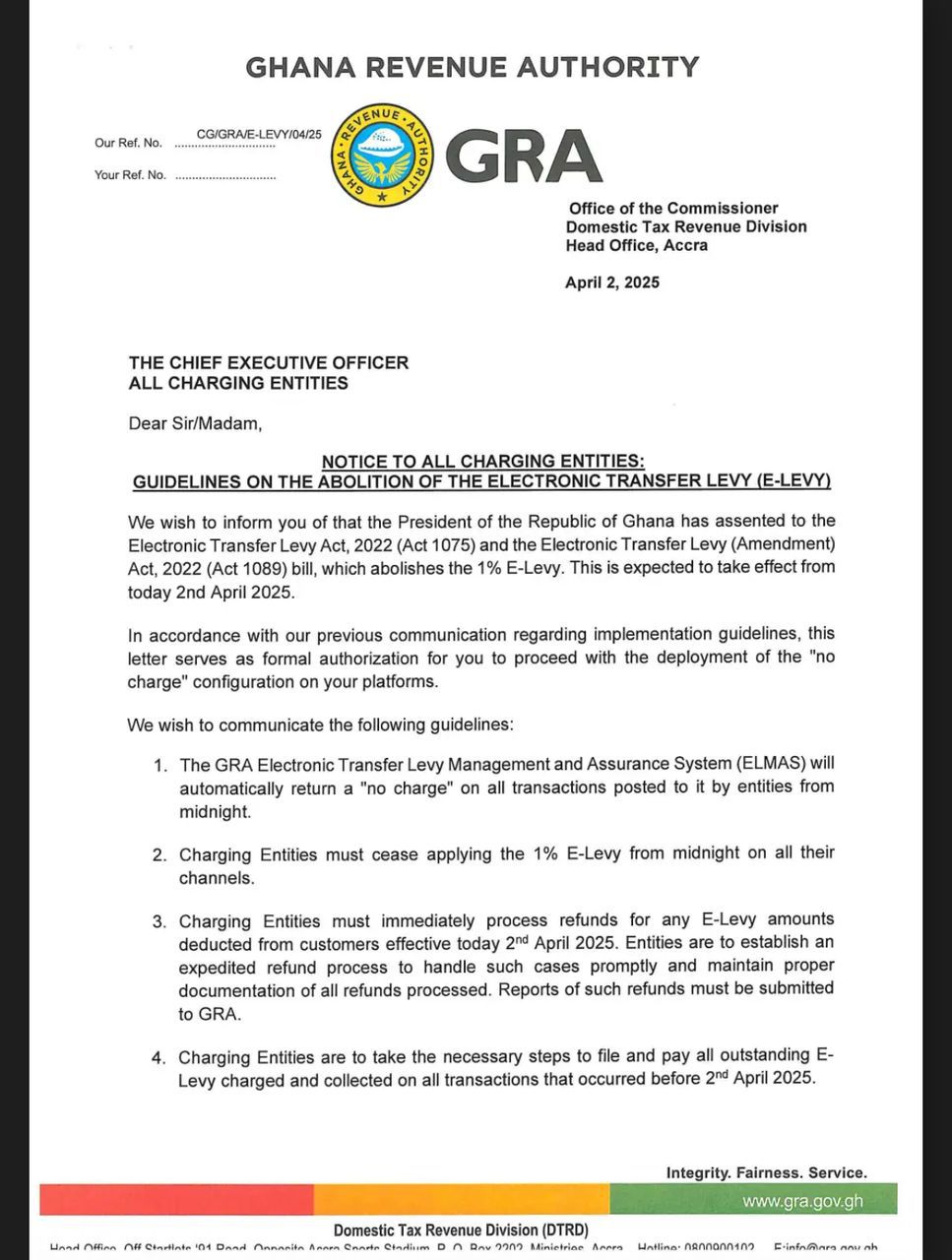 All e-levy deductions on 2nd April must be refunded – GRA directs