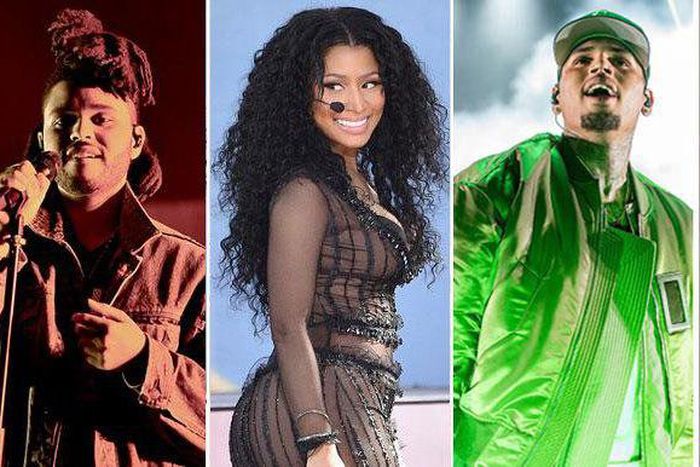 From left; The Weeknd, Nicki Minaj, Chris Brown and Drake has been nominated for the 2016 iHeartRadio Music Awards