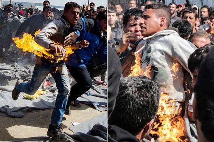 Desperate migrant sets self on fire in protest of border closure