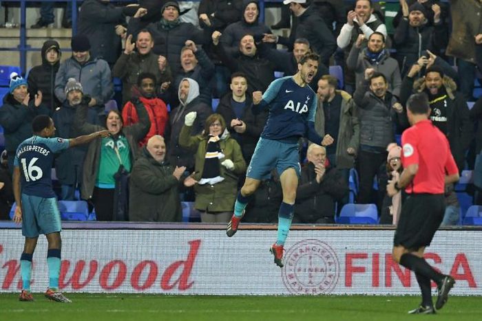 Tottenham's Fernando Llorente celebrates after scoring their second goal in the rout of Tranmere