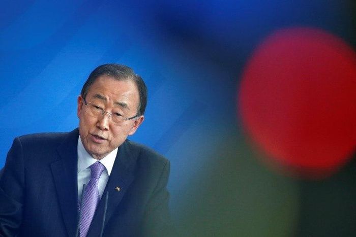U.N. Secretary General Ban Ki-moon addresses a news conference follwing talks with German Chancellor Angela Merkel at the Chancellery in Berlin, Germany, March 8, 2016. REUTERS/Fabrizio Bensch