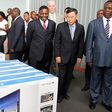 Acting President Emmerson Mnangagwa tours the SamZim plant, which assembles Samsung electronic gadgets, accompanied by the firm’s chairman Mr YC Baik and Director-General in the President’s Office Retired Major-General Happyton Bonyongwe in Harare