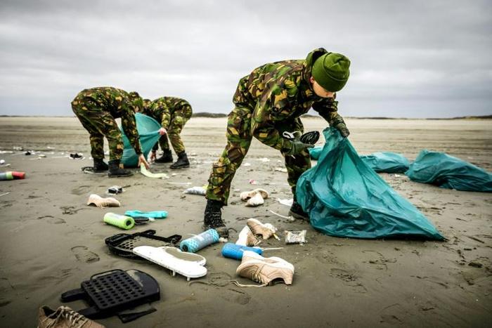Netherlands' army soldiers helped clean-up the coastline of Schiermonnikoog in the Dutch Frisian Island