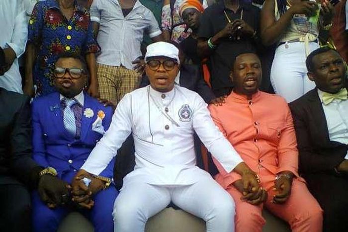 Bishop Obinim [in white] praying with his junior pastors at the Jubilee Park