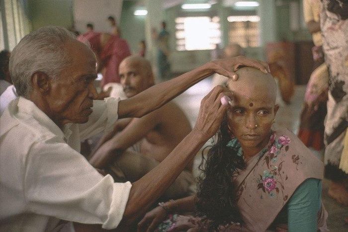 A devotee gets her head tonsured at the temple of Tirumala in Andhra Pradesh. The hair is collected, sorted, resold and then used in wigs and hair extensions.