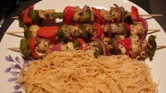 Fish kebab and pasta