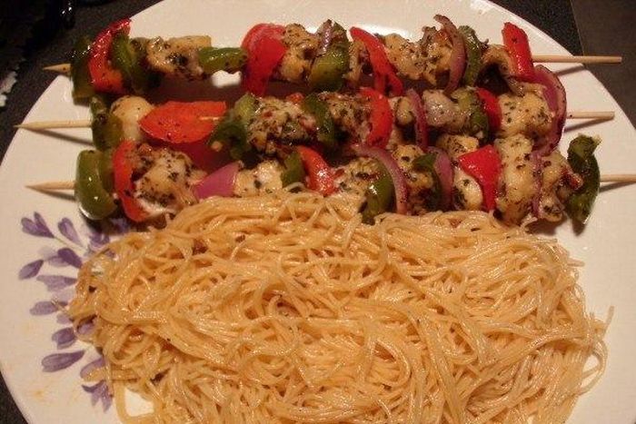 Fish kebab and pasta