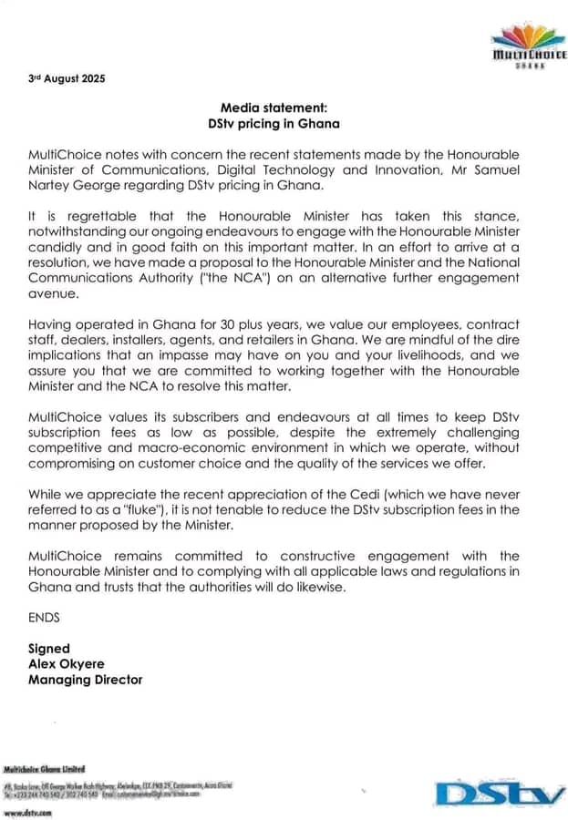 MultiChoice Ghana rejects Sam George’s 30% DStv fee cut demand