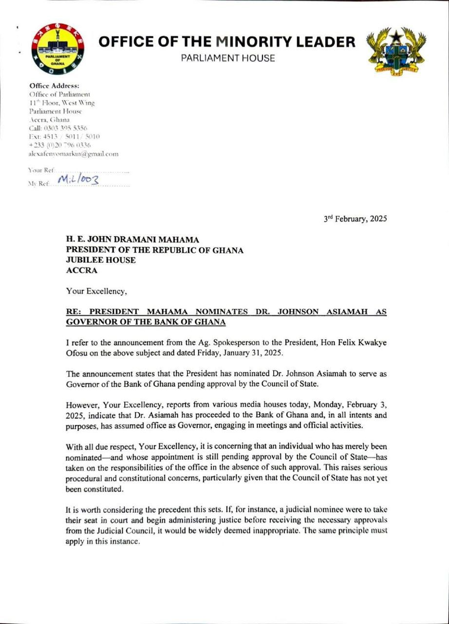 New BoG Governor must halt duties until approval – Afenyo-Markin tells Mahama